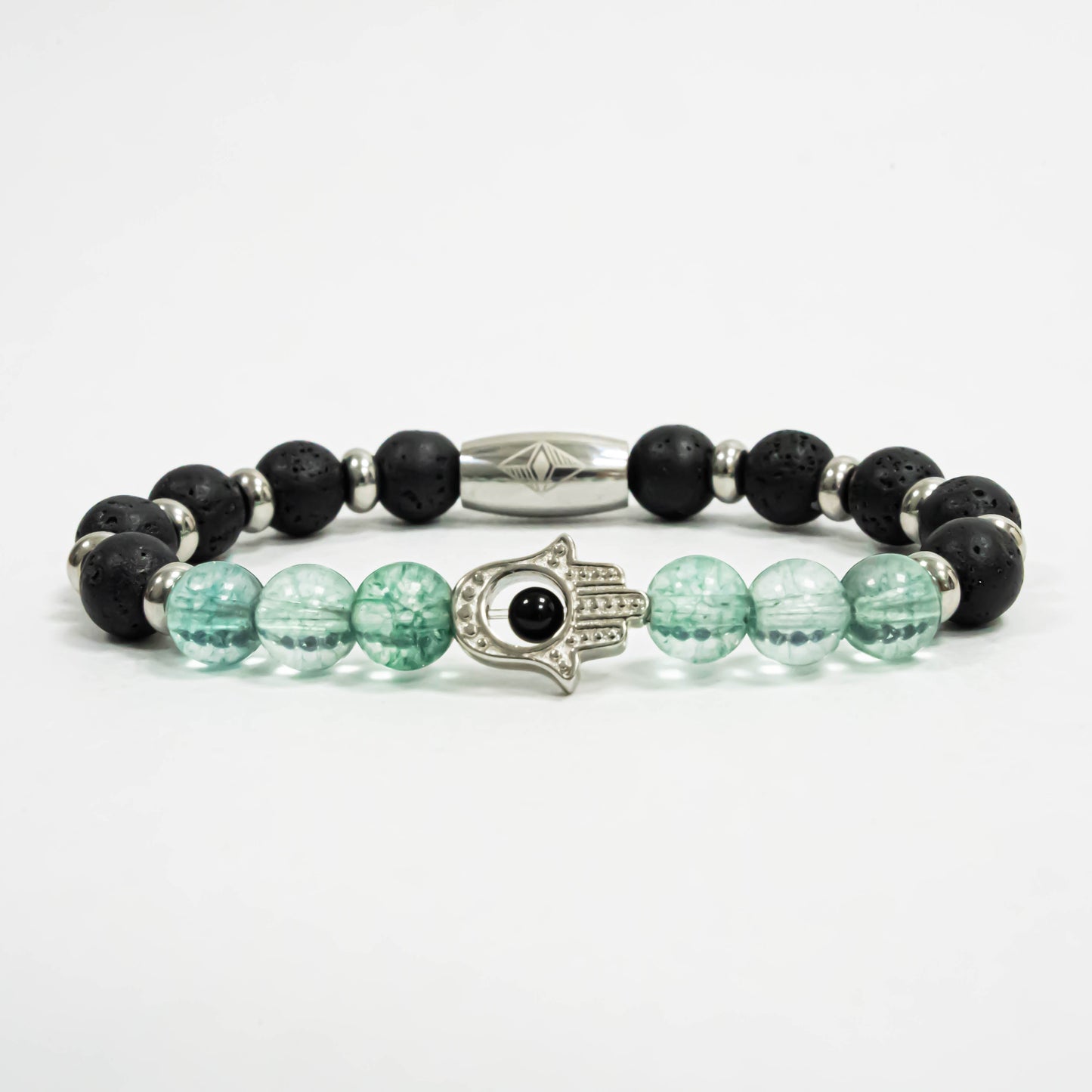 Pulsera Hamsa Acero Inox con Microseparadores y Piedras Volcanicas/Agatha Verde Agua