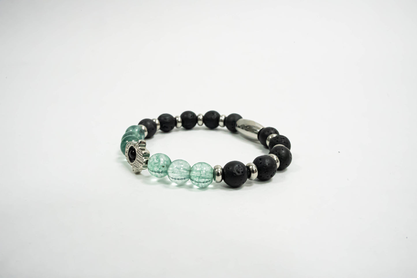 Pulsera Hamsa Acero Inox con Microseparadores y Piedras Volcanicas/Agatha Verde Agua