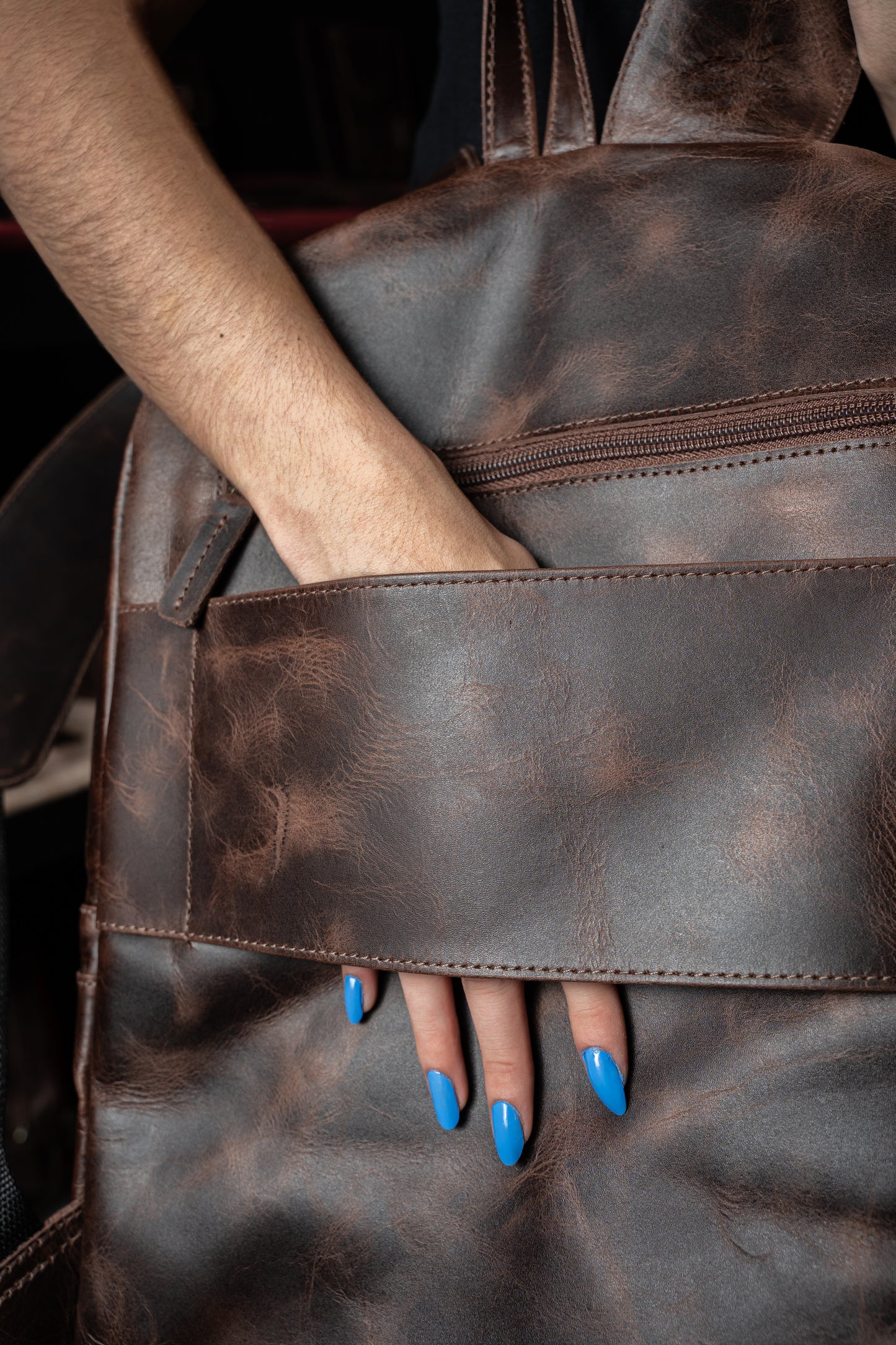 Mochila Cuero Marron Oscuro Vintage