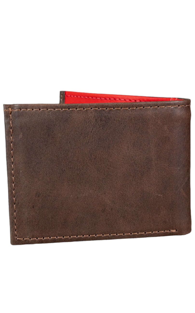 Billetera Compacta Marron Oscuro Vintage Interior Rojo Ferrari
