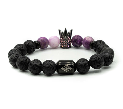 Pulsera con Corona Real Rodio con Piedras Volcanicas y Agata Purpura