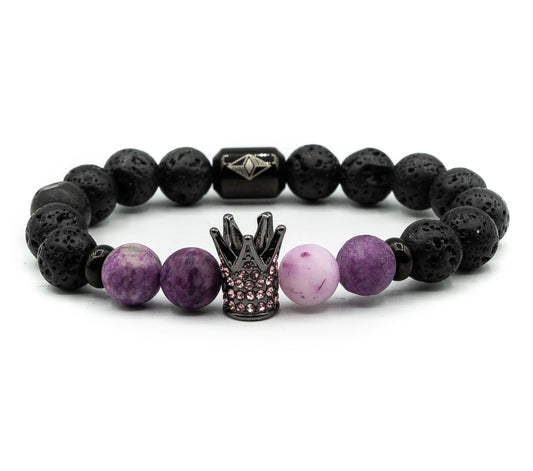 Pulsera con Corona Real Rodio con Piedras Volcanicas y Agata Purpura