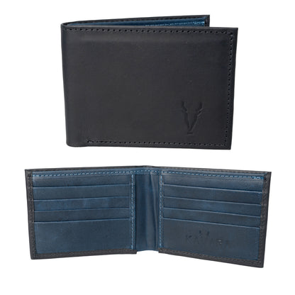 Billetera Grande Negro Mate interior Azul Vintage