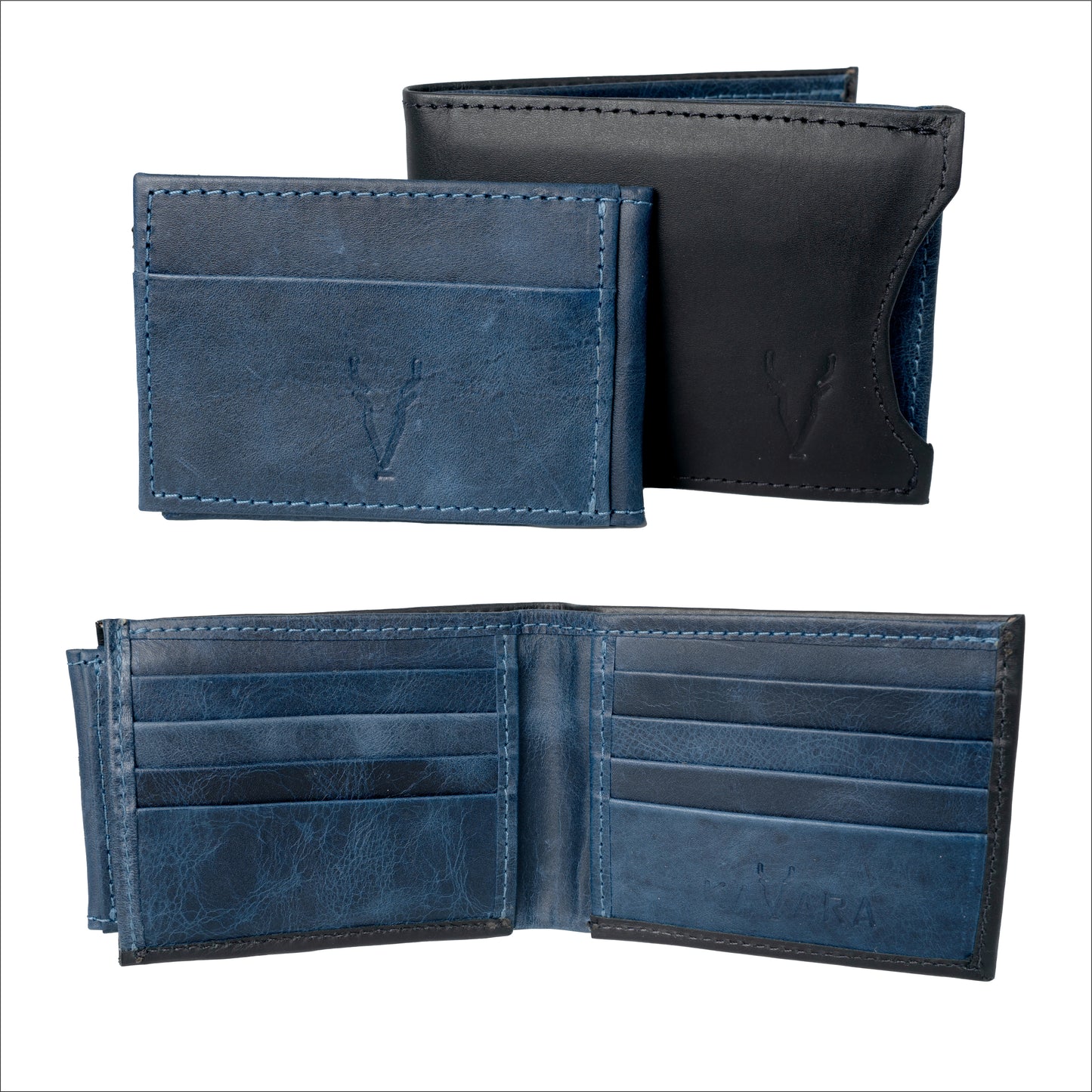 Billetera con Tarjetero Extraible Negro Mate interior Azul Vintage