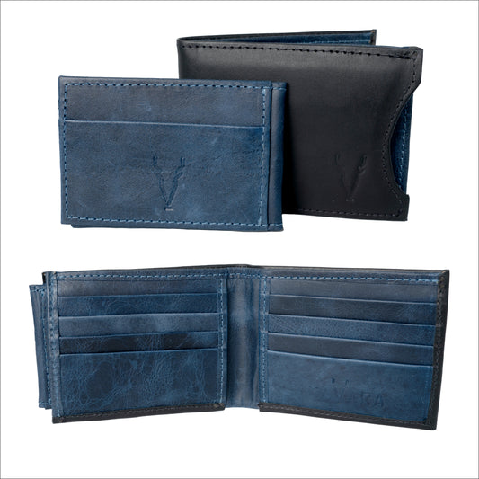 Billetera con Tarjetero Extraible Negro Mate interior Azul Vintage