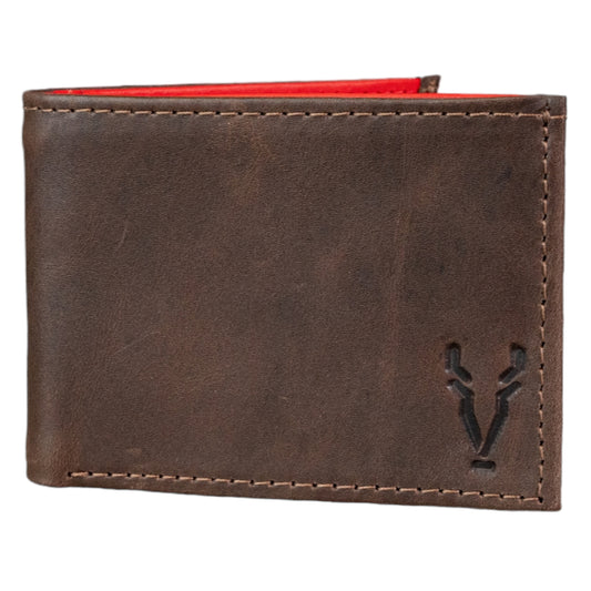Billetera Compacta Marron Oscuro Vintage Interior Rojo Ferrari