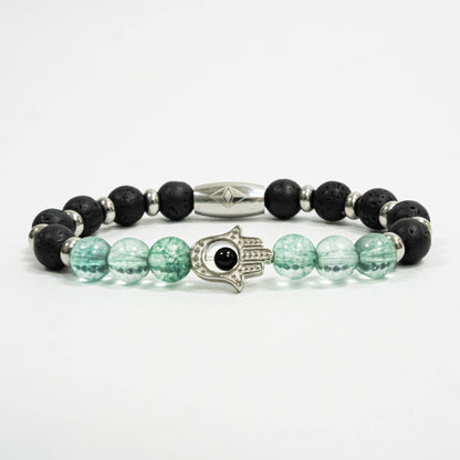 Pulsera Hamsa Acero Inox con Microseparadores y Piedras Volcanicas/Agatha Verde Agua