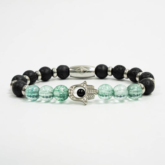 Pulsera Hamsa Acero Inox con Microseparadores y Piedras Volcanicas/Agatha Verde Agua