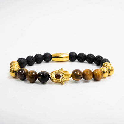 Pulsera Hamsa Oro18K Piedras Volcanicas/Tiger Eyes