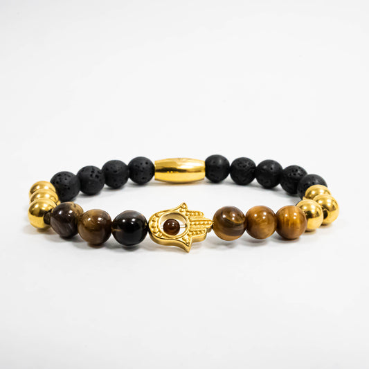 Pulsera Hamsa Oro18K Piedras Volcanicas/Tiger Eyes