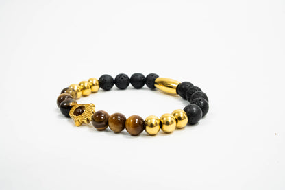 Pulsera Hamsa Oro18K Piedras Volcanicas/Tiger Eyes