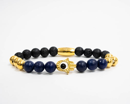 Pulsera Hamsa Oro18K Piedras Volcanicas/Lapislazuli