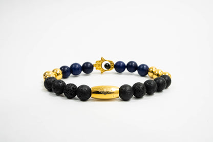 Pulsera Hamsa Oro18K Piedras Volcanicas/Lapislazuli