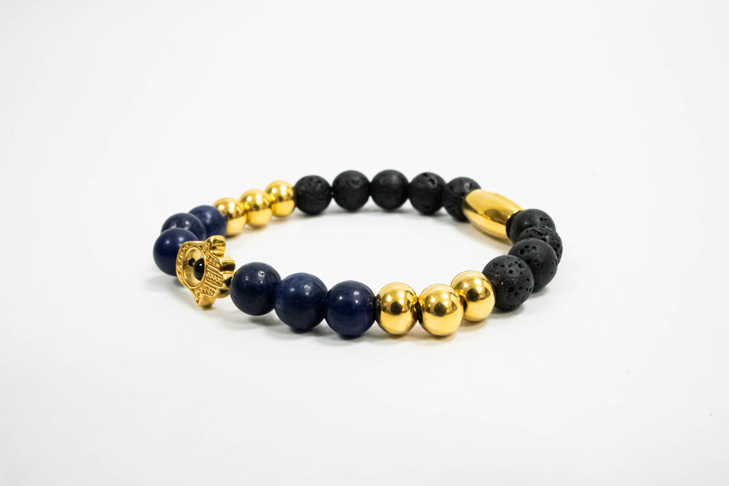 Pulsera Hamsa Oro18K Piedras Volcanicas/Lapislazuli