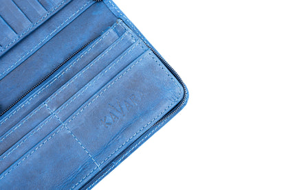 Billetera Larga con Cierre Azul Vintage