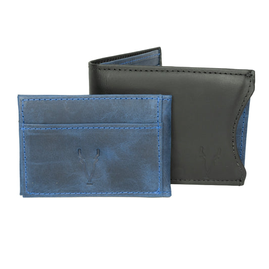 Billetera con Tarjetero Extraible Negro Mate interior Azul Vintage