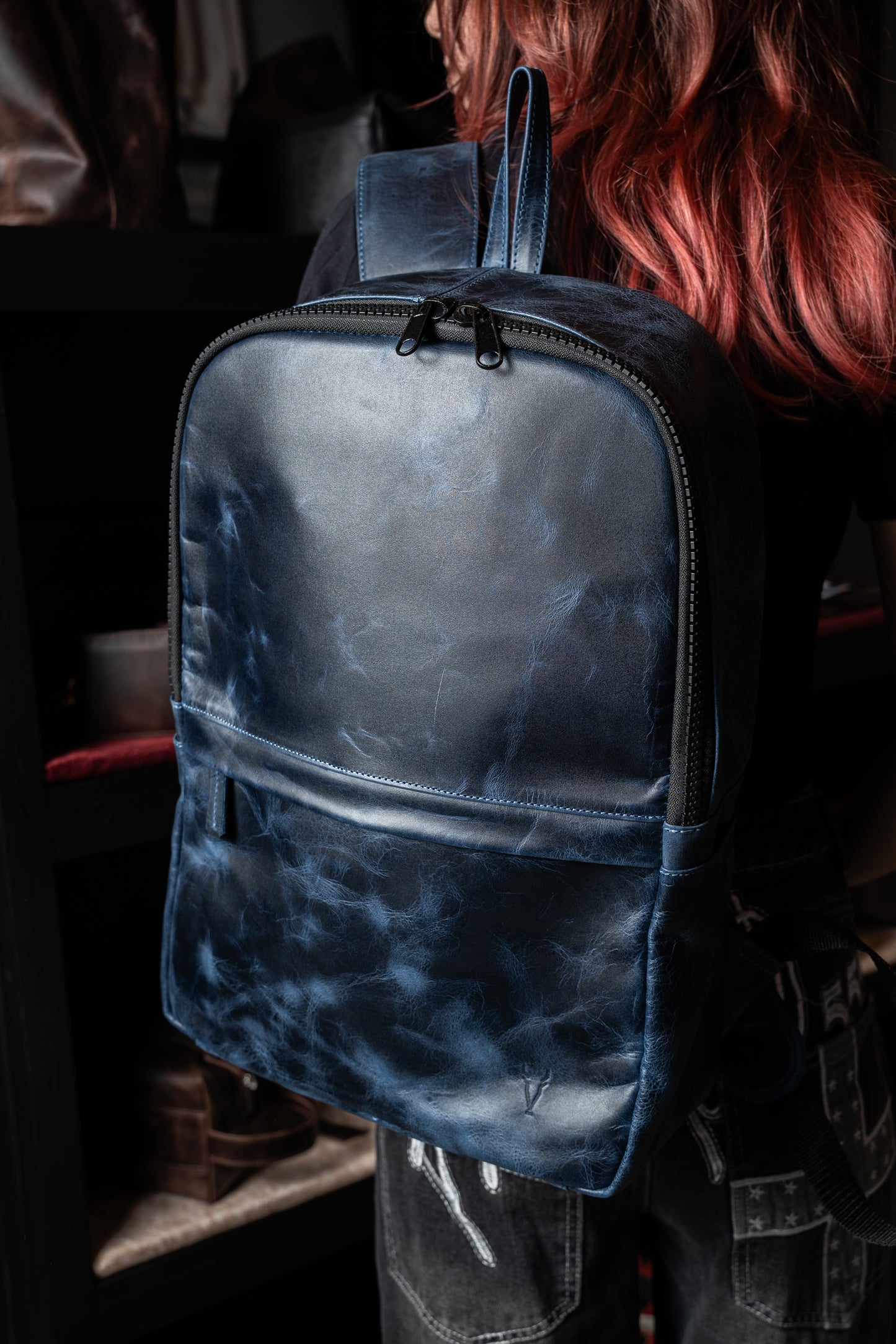 Mochila Cuero Azul Vintage