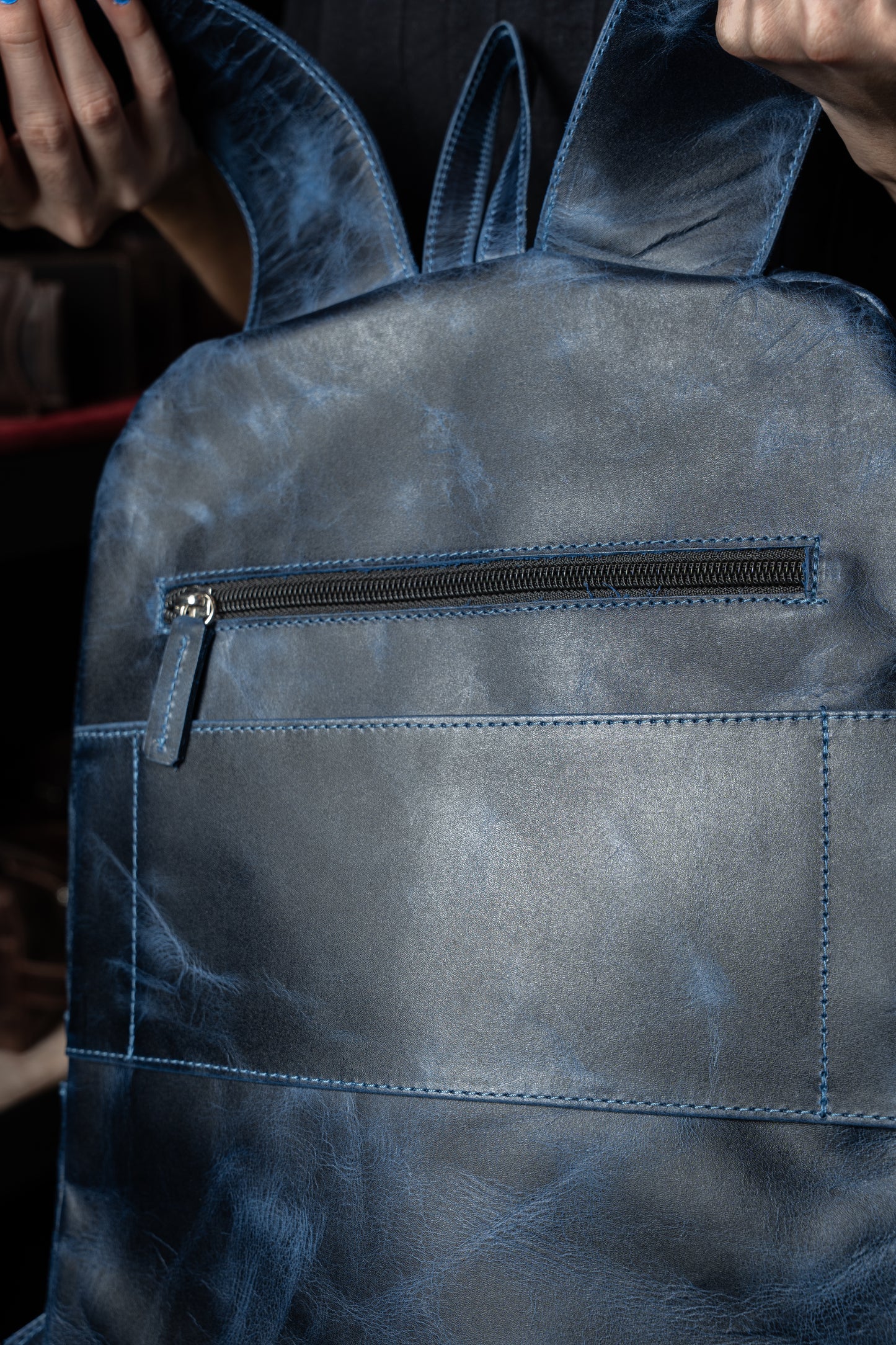 Mochila Cuero Azul Vintage