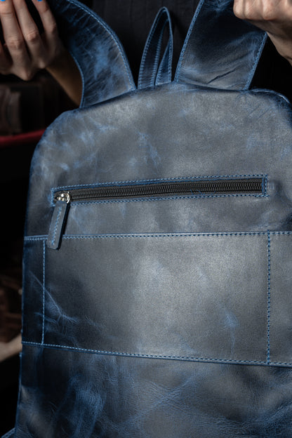 Mochila Cuero Azul Vintage