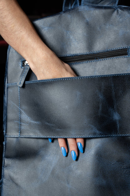 Mochila Cuero Azul Vintage