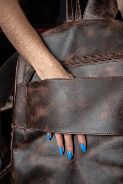 Mochila Cuero Marron Oscuro Vintage